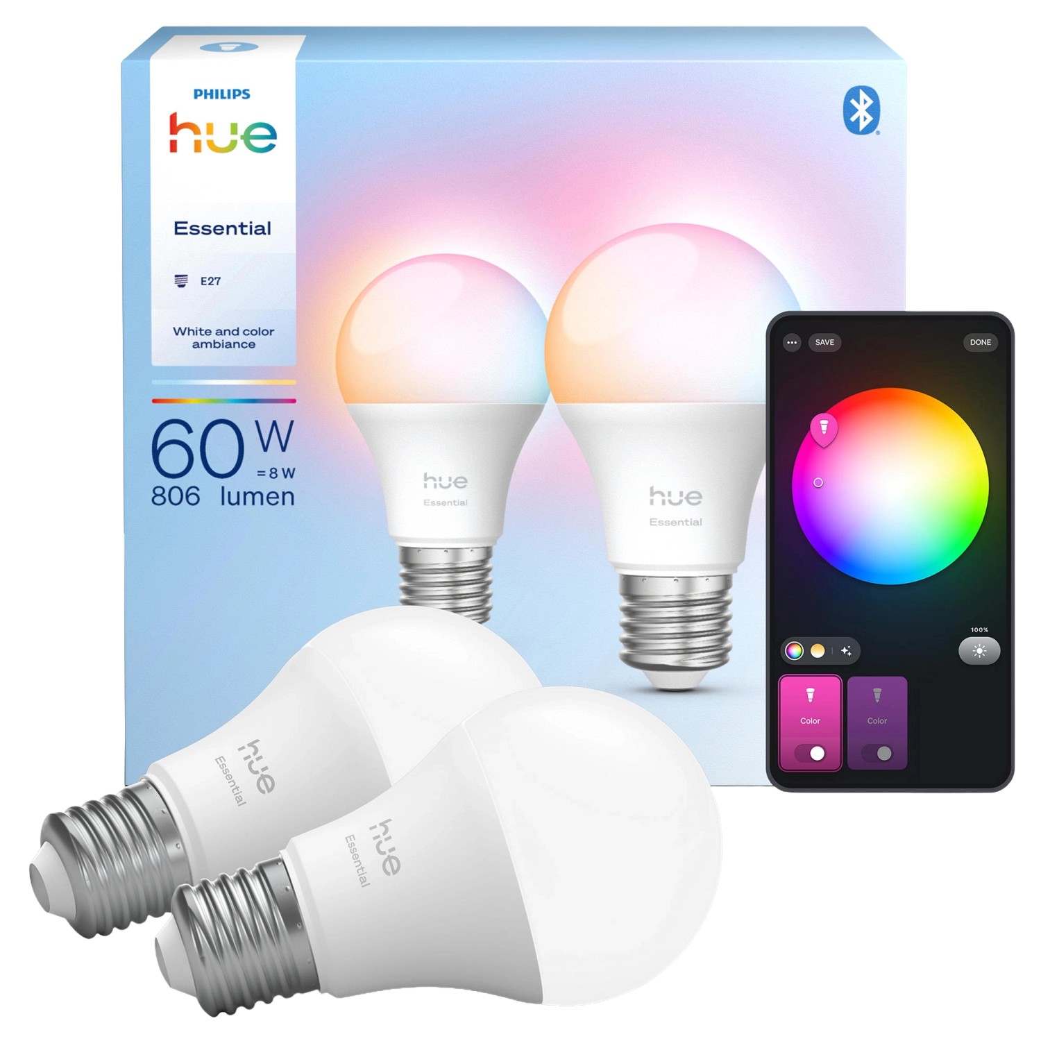 Philips Hue Leuchtmittel E27 Glühlampenform 6.500 K 806 lm 8 W 2er Set