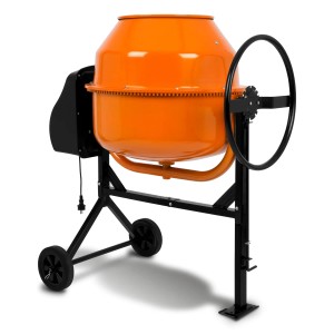 EBERTH 180L Betonmischer, orange Trommel, schwarzes Gestell und Räder. Baumaschine für Beton, Mörtel und mehr.