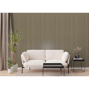 Wandpaneel Eiche Natur (2600x600x17mm) als Akustikpaneel im Wohnraum mit Sofa.