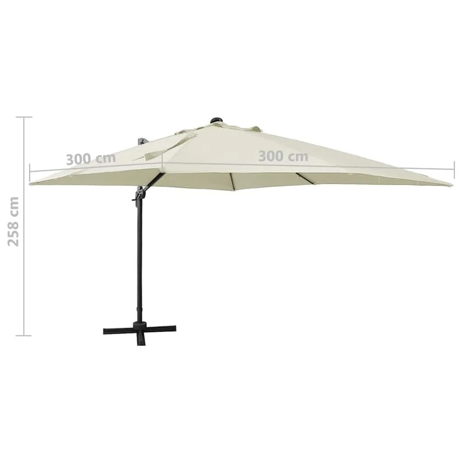 Sandfarbener Ampelschirm mit LED-Beleuchtung, 300x300 cm Schirmdach, schwarzem Mast und Kreuzfuß. Ideal für Garten & Terrasse.