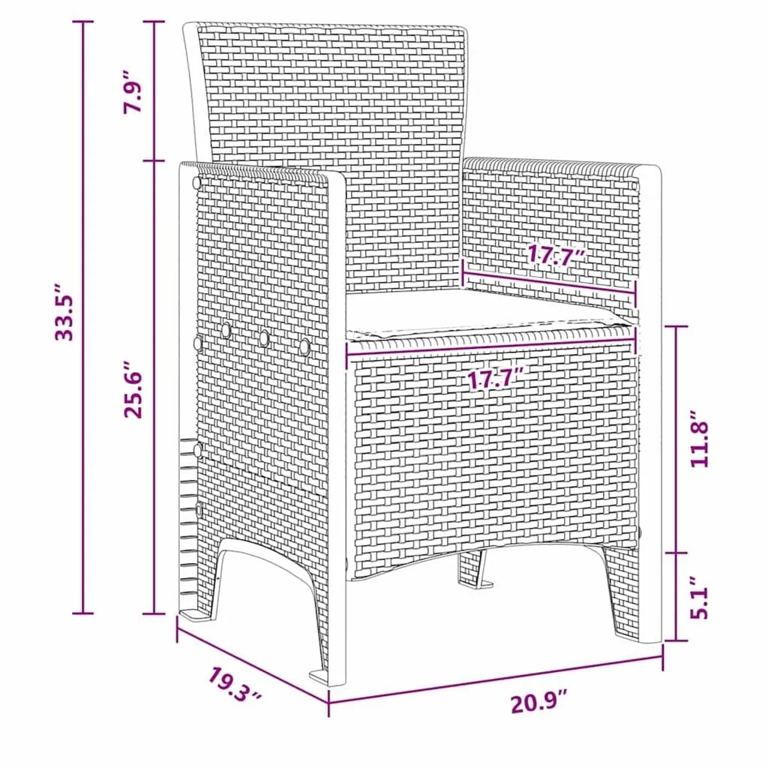 Weißer vidaXL Gartenstuhl aus PP in Rattan-Optik mit Armlehnen. Technische Zeichnung mit Abmessungen.