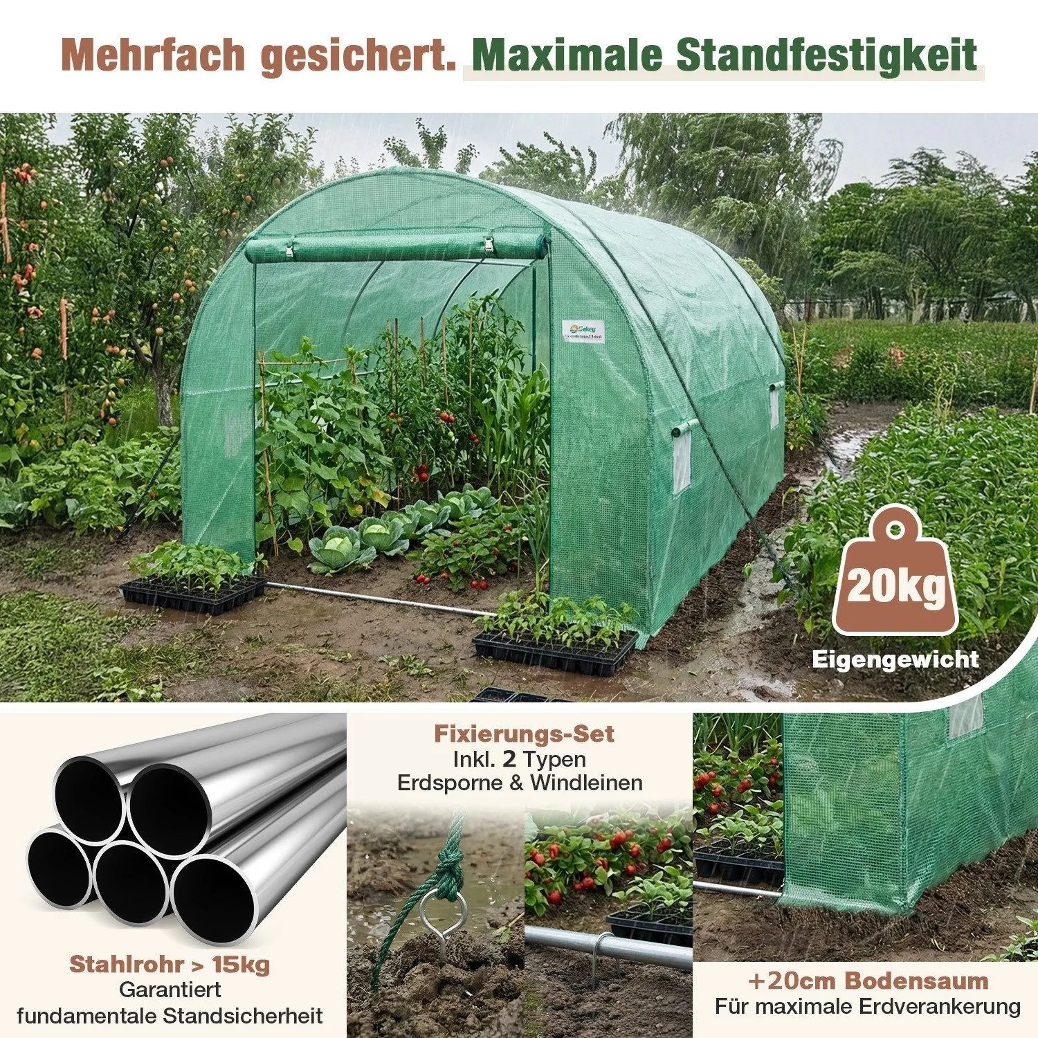 Grünes Sekey Foliengewächshaus 3x2x2m im Garten. Stabil, winterfest, mit Türen, Fenstern, UV-Schutz.