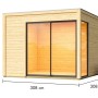 Karibu Gartenhaus Kubus 1 aus Holz mit Schiebetür und Fenster, Maße eingezeichnet.