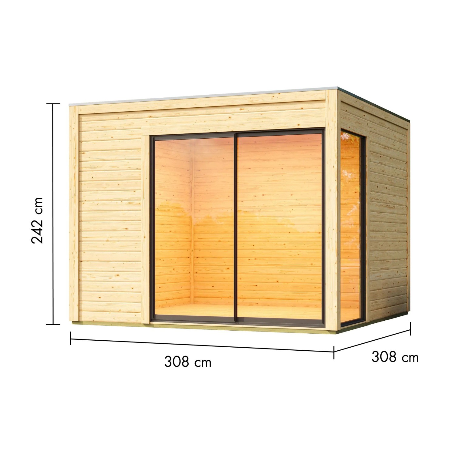 Karibu Gartenhaus Kubus 1 aus Holz mit Schiebetür und Fenster, Maße eingezeichnet.