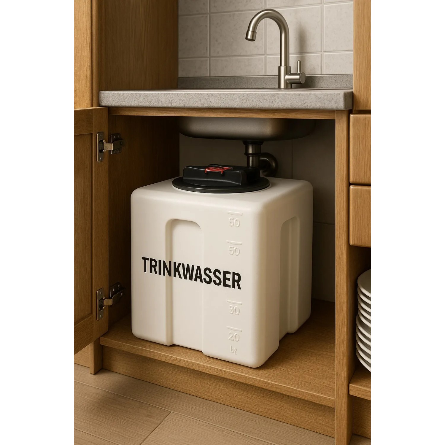 Weißer KMND 60L Kubus Trinkwasser Wassertank unter Spüle im Küchenschrank. Kompakter PE-Tank für Haus & Garten.