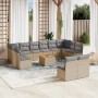 Beige 13-tlg. Garten-Sofagarnitur aus Polyrattan mit grauen Kissen. Ideal für Terrasse und Garten.