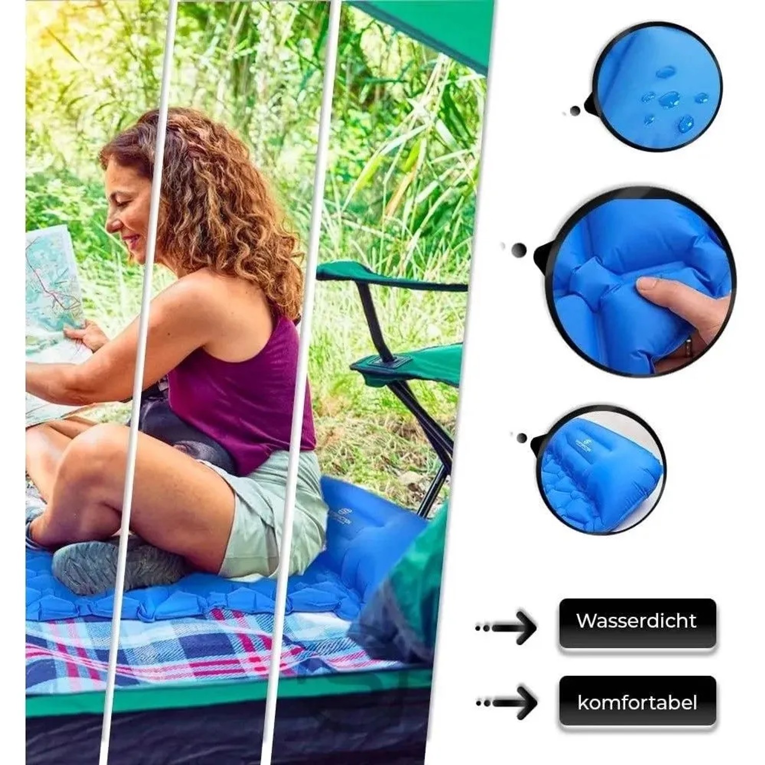 Frau auf blauer Sportisfaction Isomatte mit Wabenstruktur im Zelt. Wasserdicht, komfortabel, mit integrierter Luftpumpe für Camping.