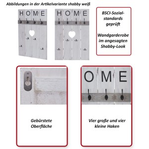 MCW Wandgarderobe C89 im Shabby-Look Braun mit 8 Haken und HOME Schriftzug.