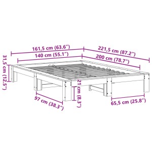 vidaXL Bettgestell 140x200 cm aus Kiefernholz mit Lattenrost. Technische Zeichnung, Maße.