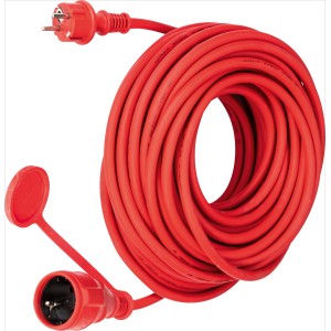Rote Gummiverlängerung H07RN-F 3G1,5, 20 m, für den Außenbereich, mit Schutzkontaktstecker und Kupplung.