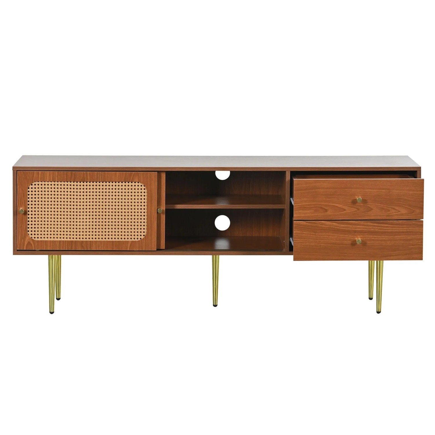 okwish TV Ständer mit Rattan Türen Schubladen Stauraum Wohnzimmer 160x40x60cm Braun