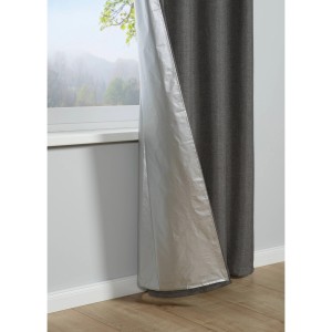 Silbergrauer Bennetti Schal mit Klettband als Fenstervorhang mit Thermobeschichtung.