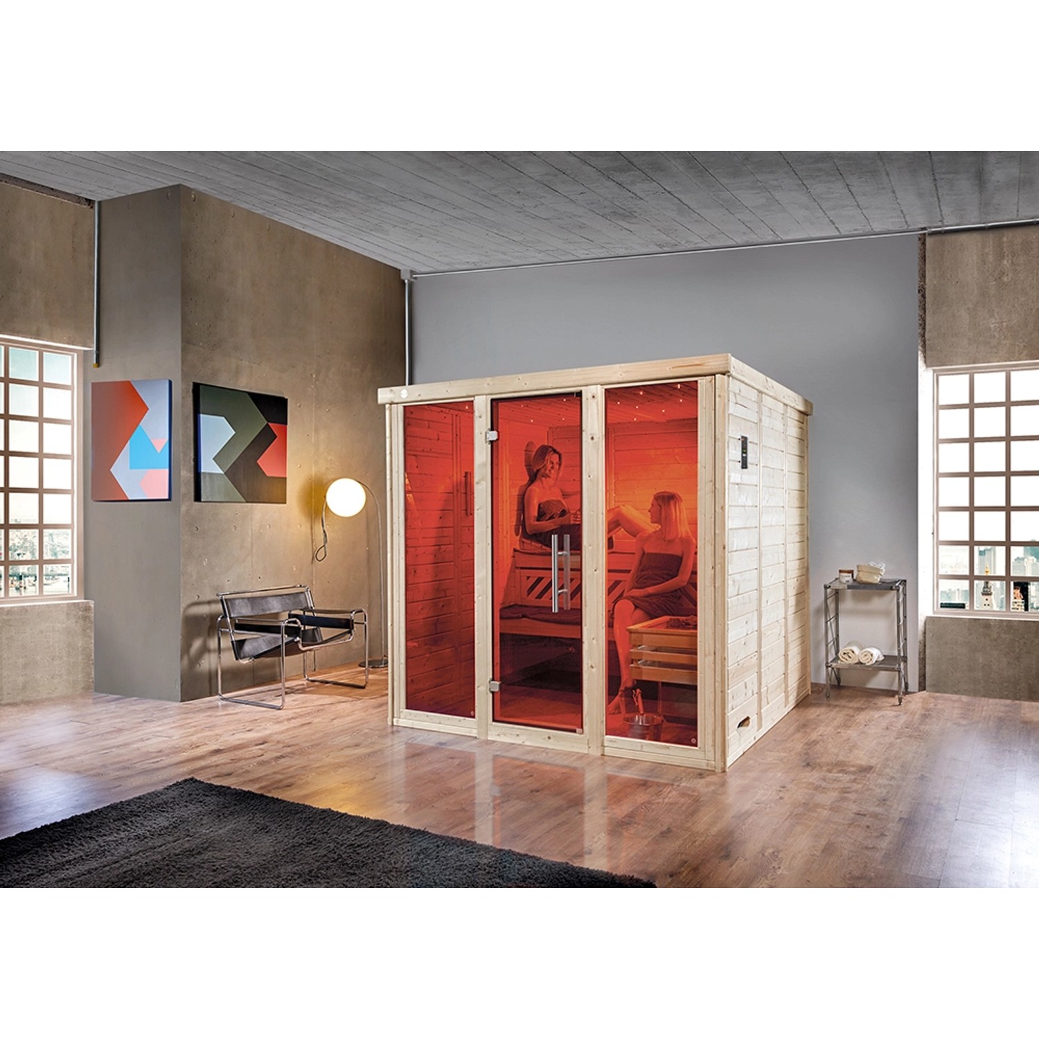 Weka Design-Sauna Kemi Panorama 3 inkl. Saunaofen 75 kW BioS und Farbvisionen
