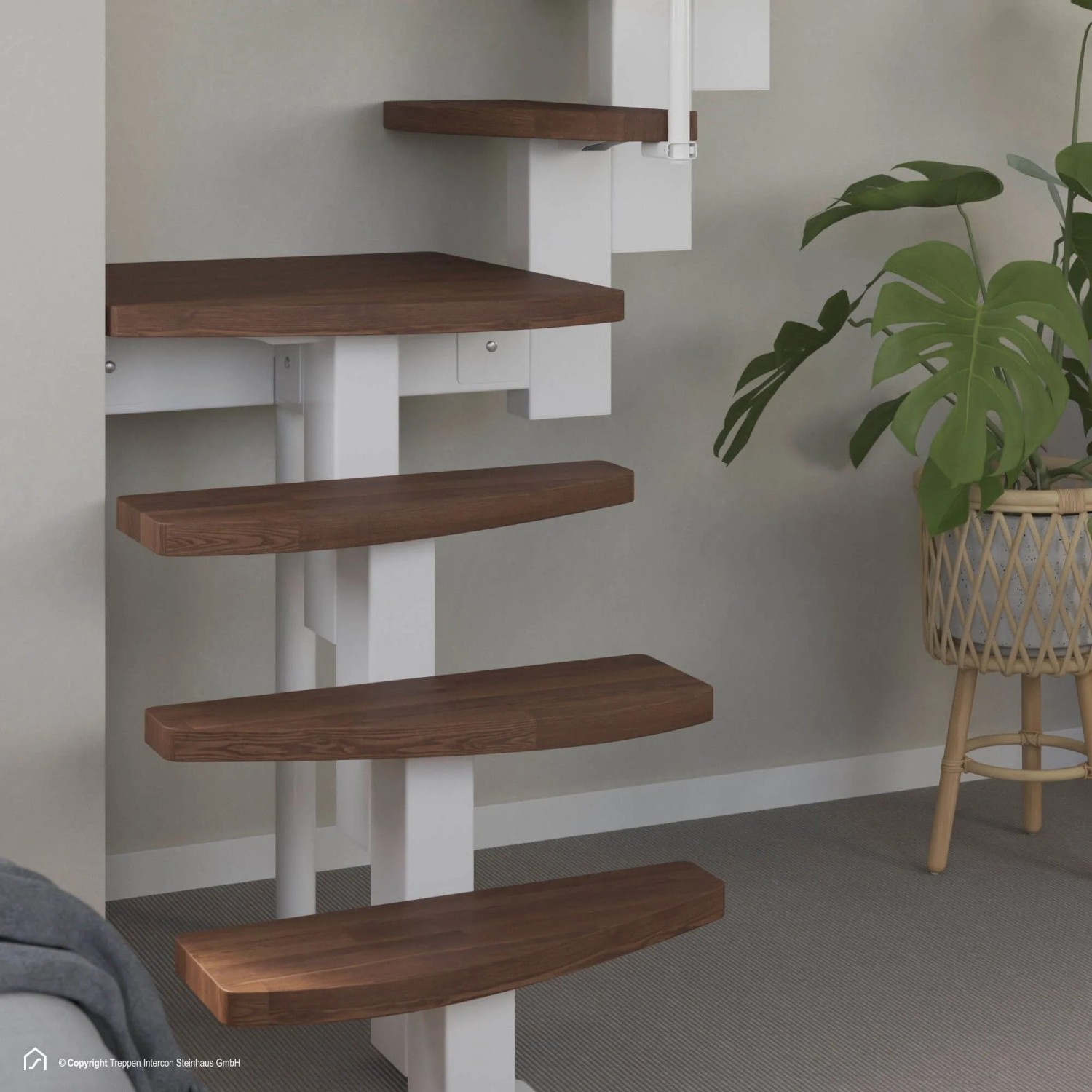 Treppen Intercon Raumspartreppe Quadro Mittelholmtreppe 13 Stufen Buche Dunkel Walnuss Massiv Metallfarbe Polar-Weiß Einseitiges Geländer_3
