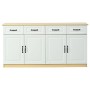 Weißes Sideboard 160 cm mit Holzoptik-Platte, 4 geriffelten Türen und 4 Schubladen. Moderner Wohnzimmerschrank.