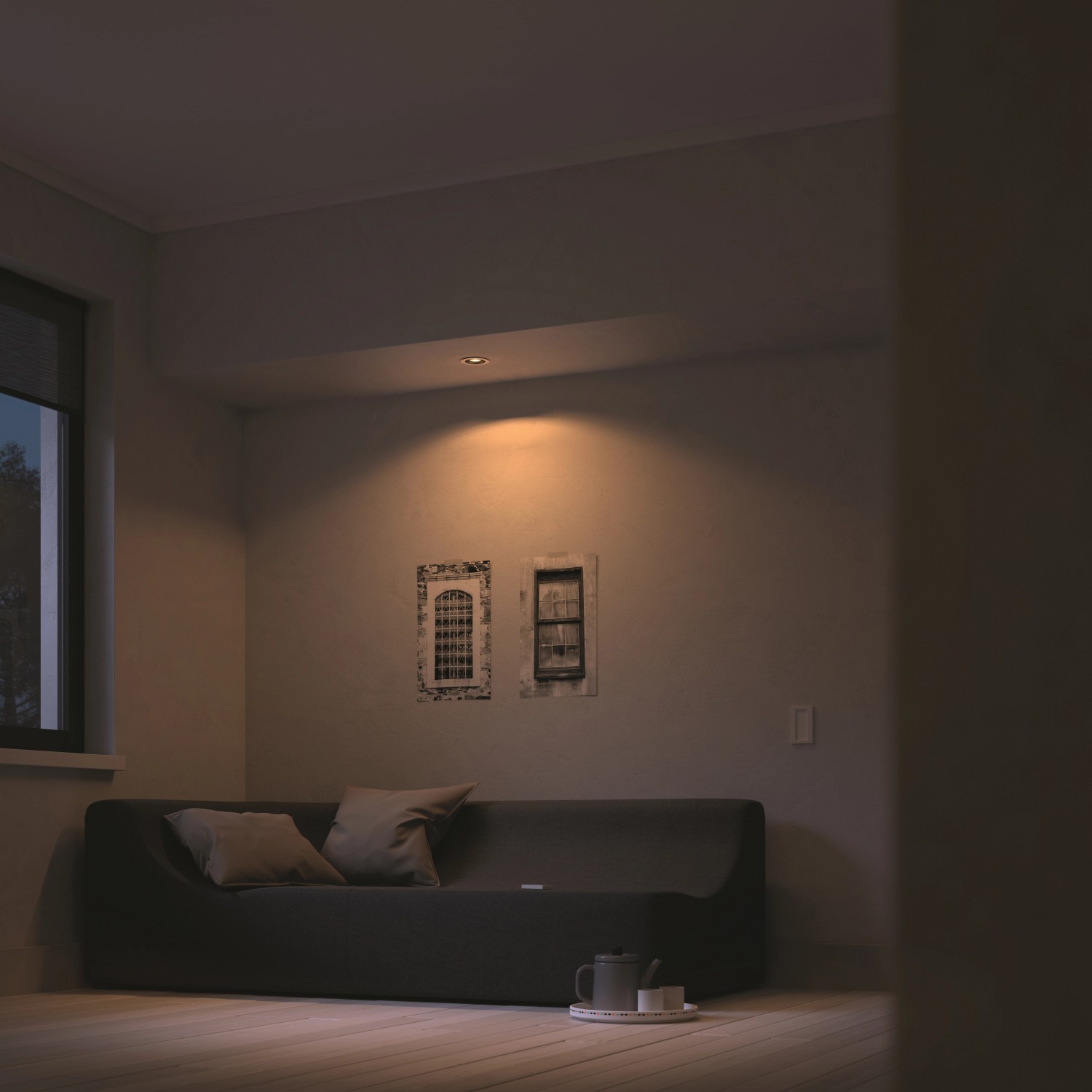 Philips Hue Milliskin LED-Einbauspot, Aluminium, warmweißes Licht im Wohnraum.