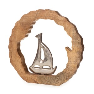 Deko-Ring aus Mangoholz mit silbernem Segelboot, 20 cm, maritime Dekoration.