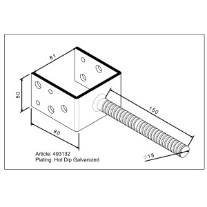 Technische Zeichnung: U-Form Stützenschuh zum Einbetonieren, 81 mm breit, 80 mm hoch, mit Riffeldolle.