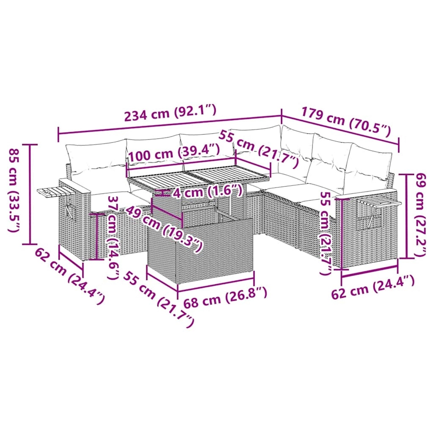 Graue 7-tlg. vidaXL Garten-Sofagarnitur aus Polyrattan mit Kissen und Akazienholz, Maße eingezeichnet.