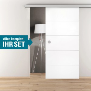 Novadoors Holzschiebetür-Set Ontario Bianco, Weißlack mit 4 Linien Design.