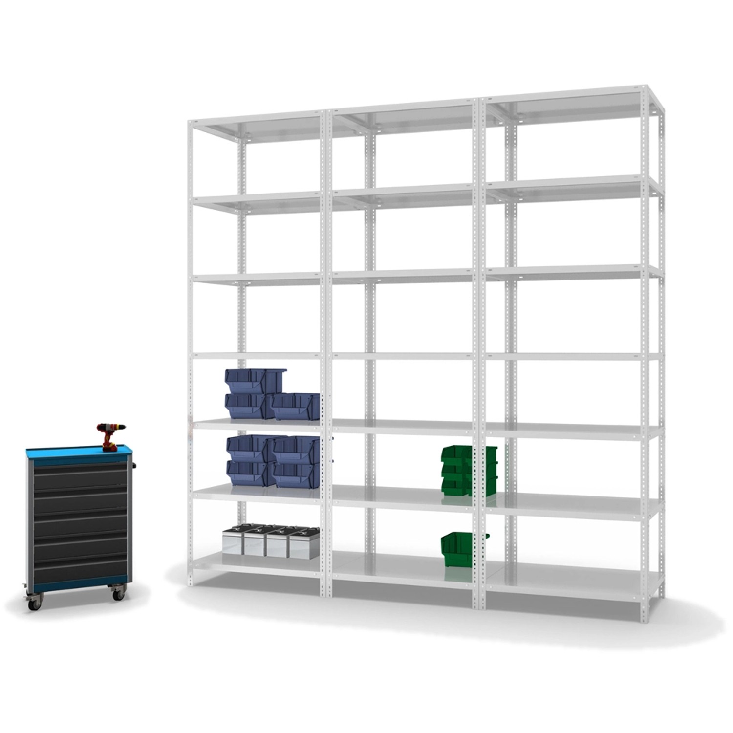Lichtgraues PROREGAL Fachbodenregal mit 7 Ebenen, beidseitig nutzbar, neben Werkzeugwagen.