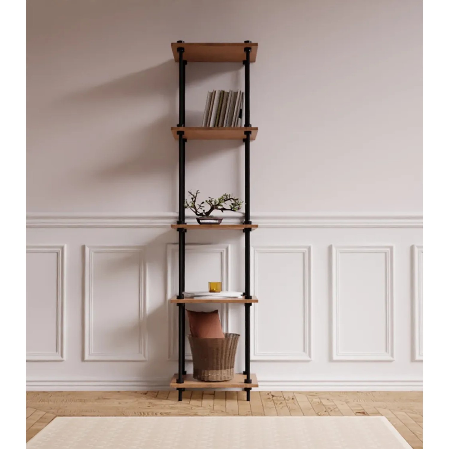 AR Shelving Standregal AR Deco, 185cm hoch, Holzregal mit schwarzem Metallgestell.