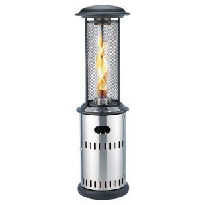 Enders Gas-Terrassenfeuer Vulano Edelstahl Schwarz mit sichtbarer Flamme hinter Gitter.