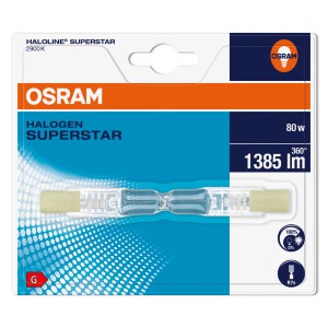 Osram Halogenbrennstab R7s 80W in Verpackung, Warmweiß, für Hochvolt-Halogenlampen.