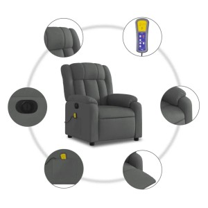 Elektrischer Massagesessel, dunkelgrau, Samt. Relaxsessel mit Fernbedienung und Details.