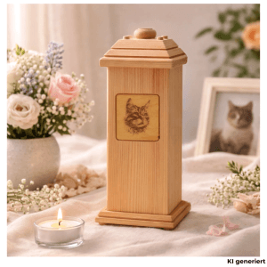 Dekohelden24 Tierurne Urne für Katzen Andenkurne Haustier Aschebox Tierurne groß Urne mit Katzenmotiv aus Buchenholz L/B/H 12 x 12 x 30 cm