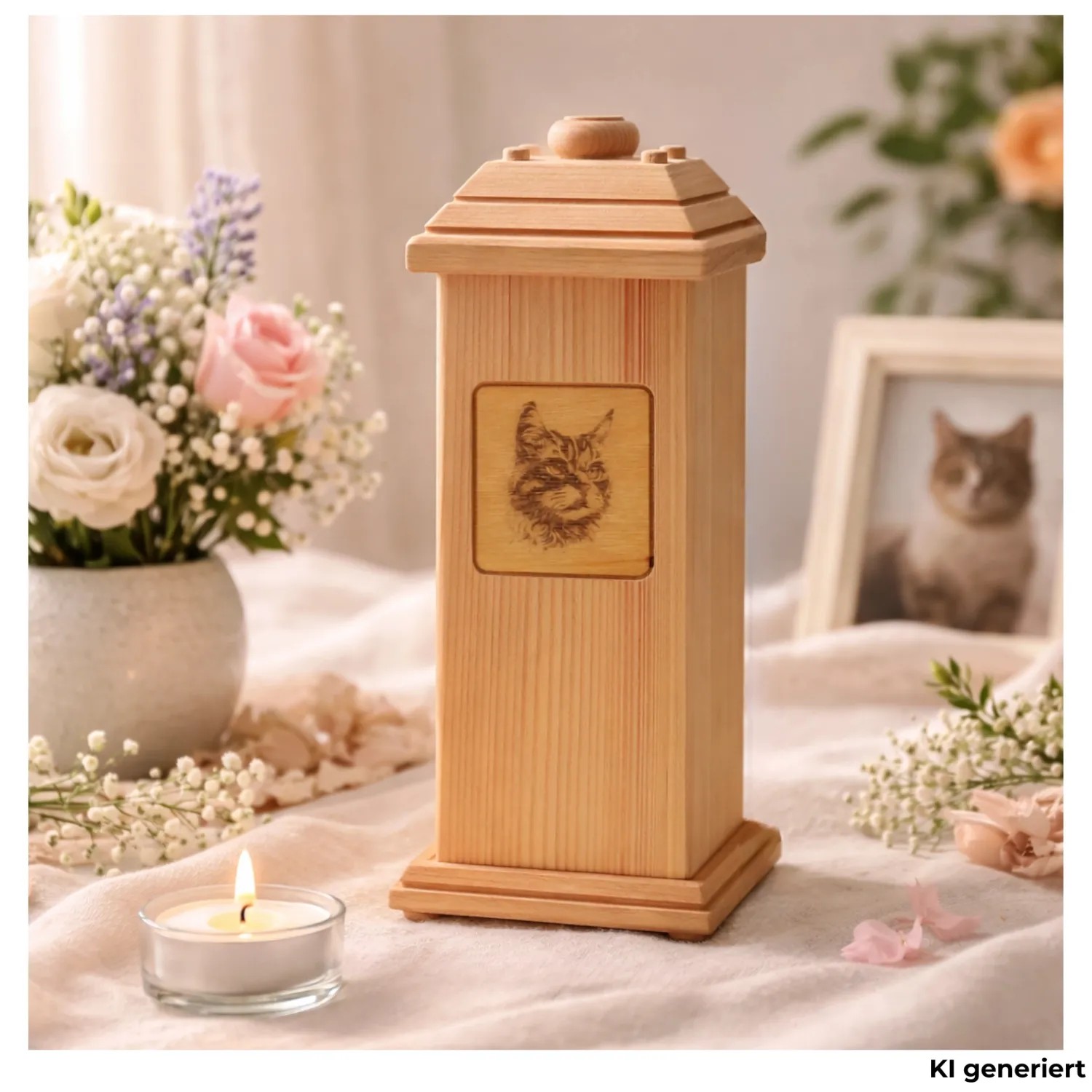 Dekohelden24 Tierurne Urne für Katzen Andenkurne Haustier Aschebox Tierurne groß Urne mit Katzenmotiv aus Buchenholz L/B/H 12 x 12 x 30 cm_3