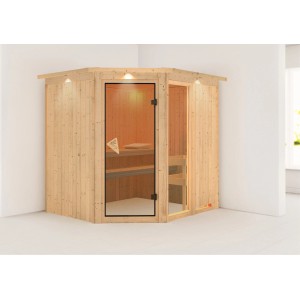 Karibu Sauna Freyja 2 mit LED-Dachkranz, Naturholz, Eckeinstieg und Glastür.