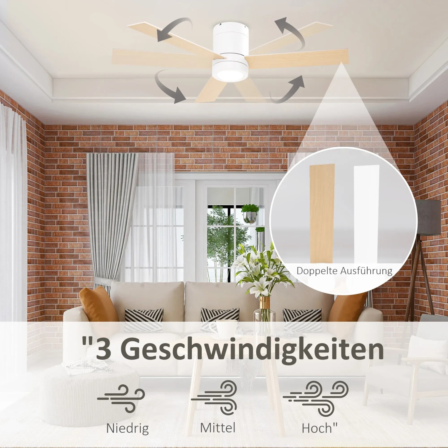 Weißer HOMCOM Deckenventilator mit Beleuchtung und Holzflügeln im Wohnraum.