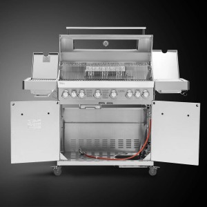 Taino Platinum Yamara 6+2 Gasgrill aus Edelstahl mit geöffneten Türen und Zubehör.