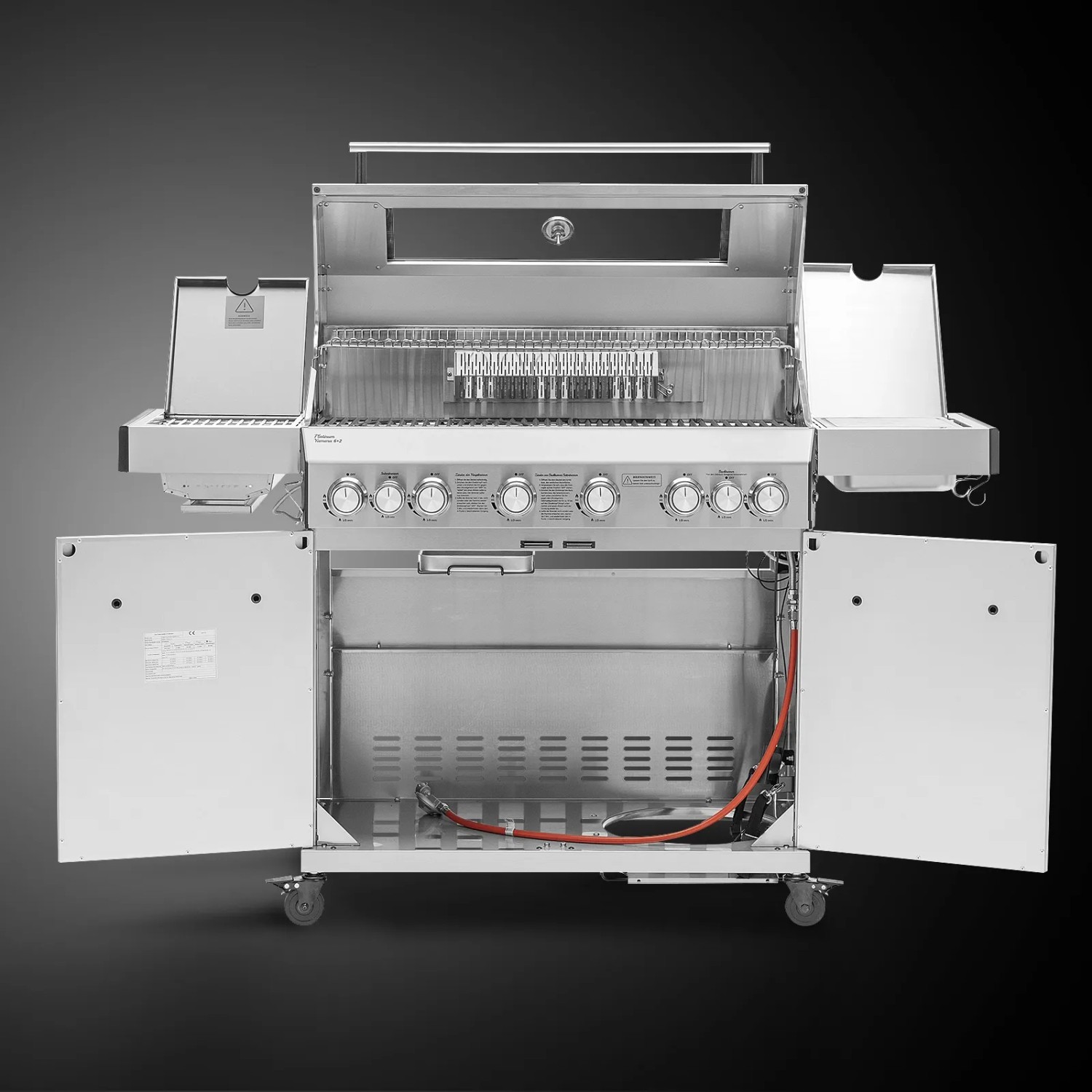 Taino Platinum Yamara 6+2 Gasgrill aus Edelstahl mit geöffneten Türen und Zubehör.