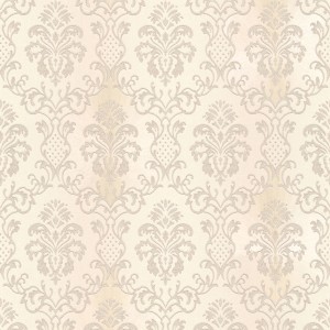 Creme-silberne Vliestapete mit Barock Ornament Muster für Ess- und Schlafzimmer.