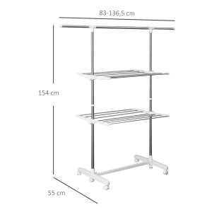 HOMCOM Wäscheständer mit 2 Ebenen, höhenverstellbar und mit Rollen, Maße: 83-136,5x45,5x154 cm.