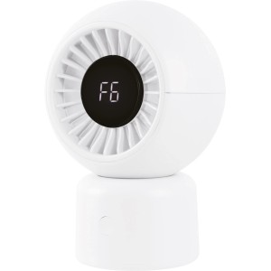 Weißer Tischventilator mit LED-Anzeige und USB-Anschluss. Kompakter Ventilator für Schreibtisch oder Nachttisch.