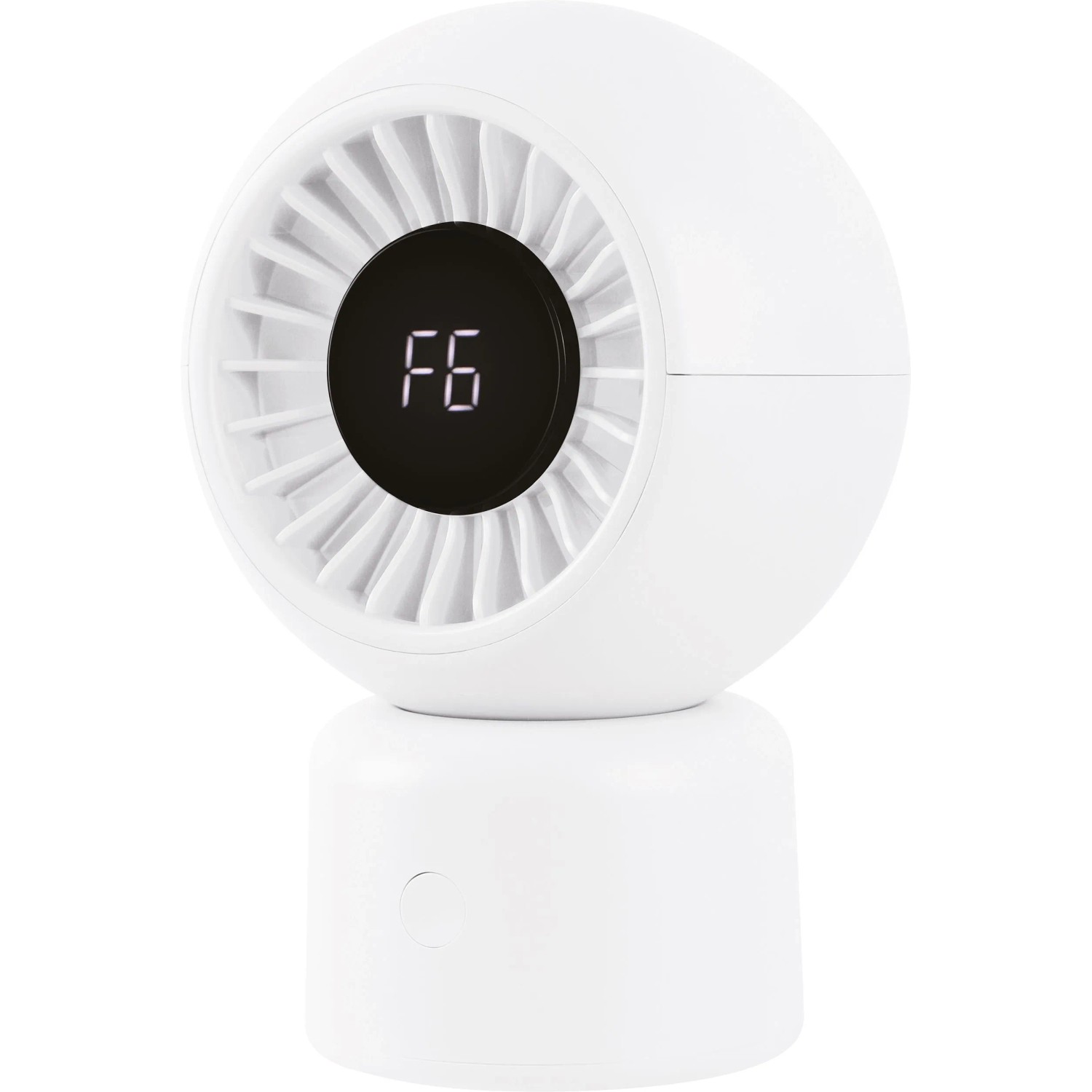 Weißer Tischventilator mit LED-Anzeige und USB-Anschluss. Kompakter Ventilator für Schreibtisch oder Nachttisch.