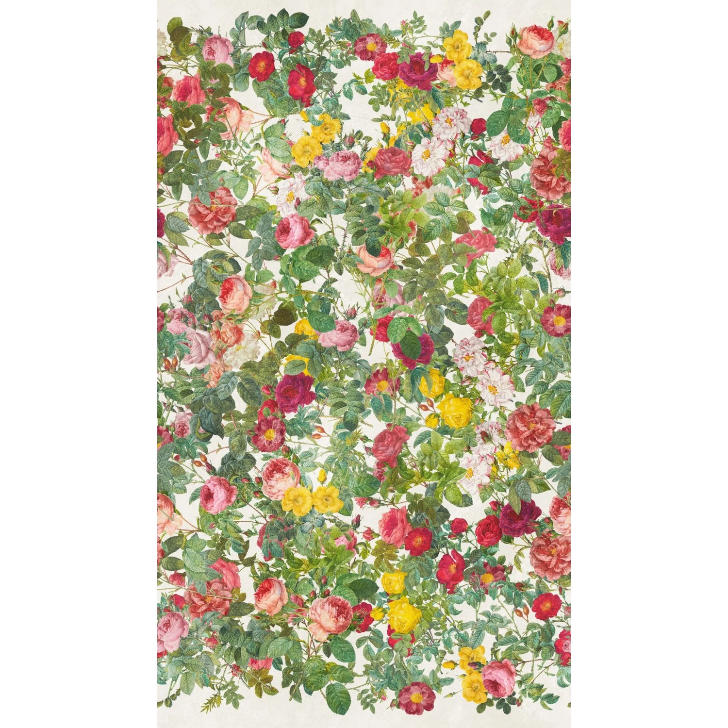 Fototapete mit Blumenmuster in Grün, Rosa, Rot und Gelb. Romantisches Landhaus-Design.