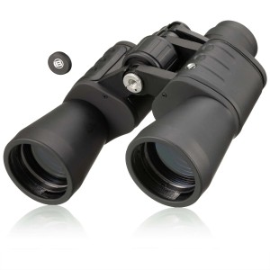 Schwarzes Bresser Hunter Porro Fernglas 7x50 mit Tasche und Trageriemen.