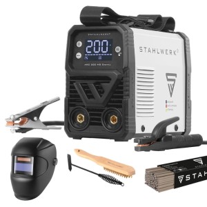 STAHLWERK ARC 200 MD Digital Schweißgerät mit Zubehör wie Schweißhelm und Elektroden.