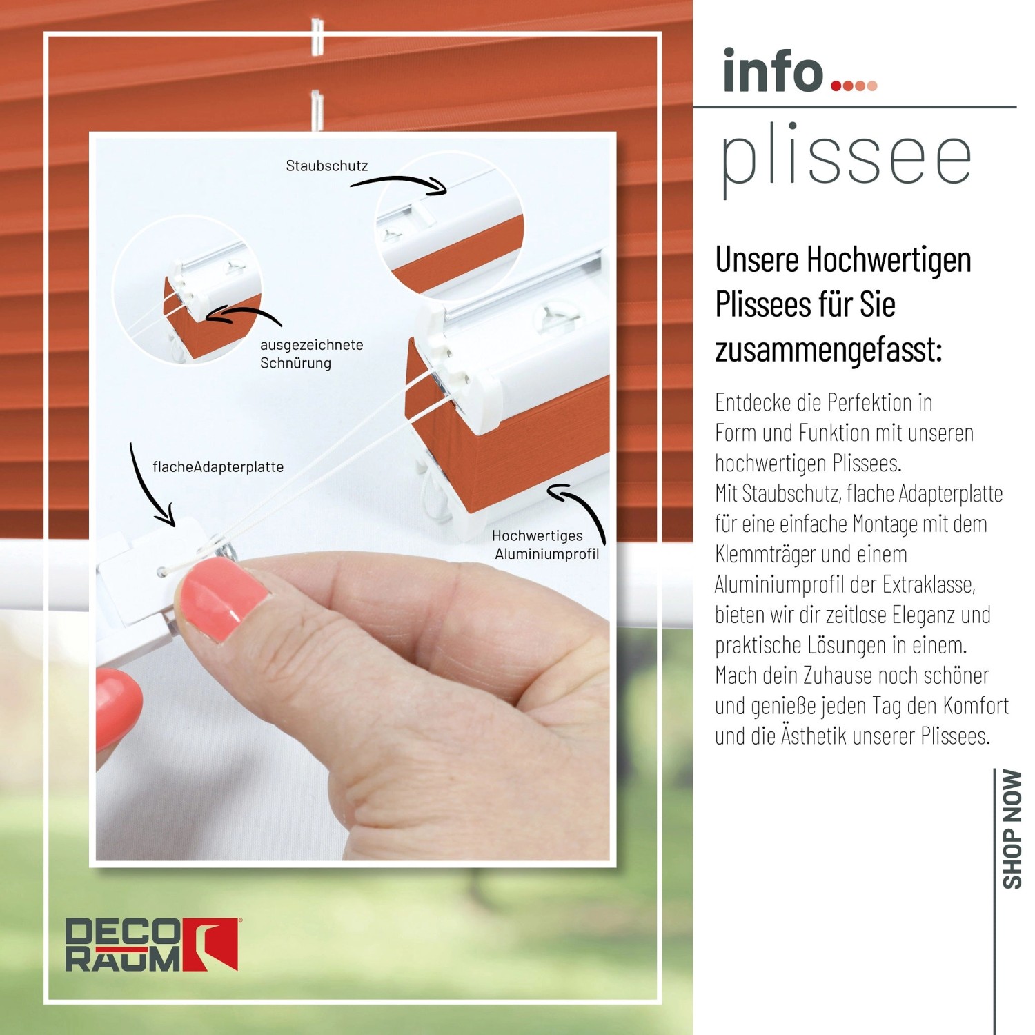 Orangefarbenes Deco-Raum Plissee Basic 85x210cm ohne Bohren mit Klemmfix-System.