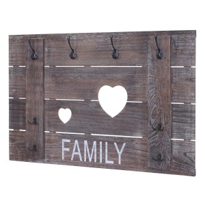Wandgarderobe im Shabby-Look mit 8 Haken und Herz-Ausschnitten, Aufschrift FAMILY.