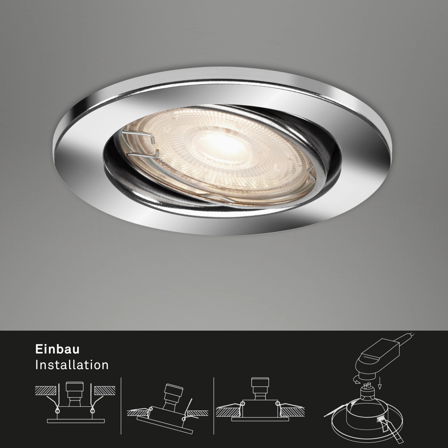 Briloner LED-Einbaustrahler in Chrom, Detailaufnahme mit Installationshinweisen.