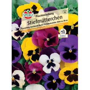 Sperli Saatgut Stiefmütterchen Prachtmischung mit farbenfrohen Blüten in Gelb, Lila und Weiß.