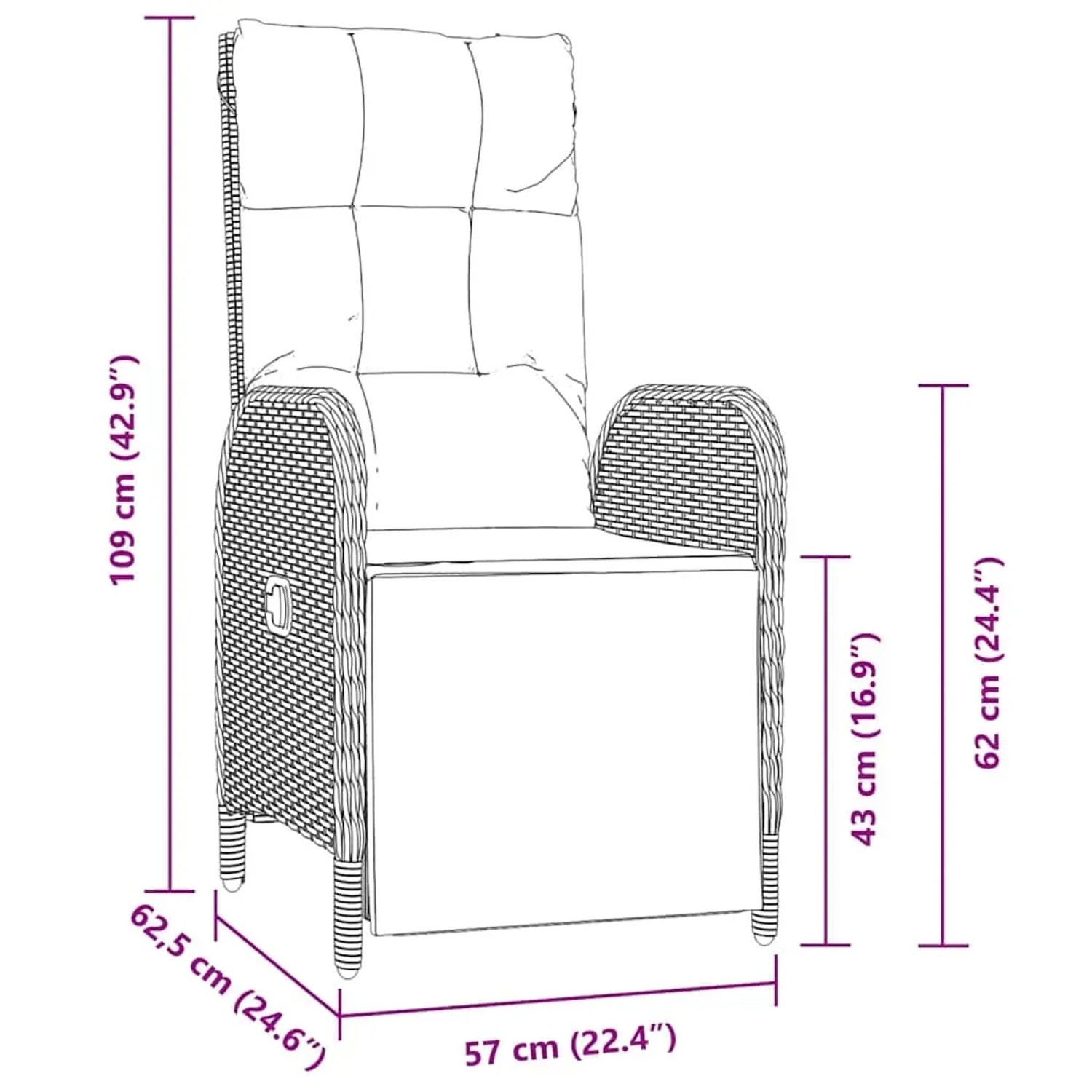 Skizze eines grauen vidaXL Gartenstuhls aus Polyrattan mit Kissen, Teil einer 5-teiligen Essgruppe.