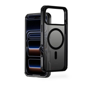Schwarze, magnetische Hama Handyhülle Extreme Protect für iPhone 17 Pro Max. Transparentes Design mit MagSafe-Ring.