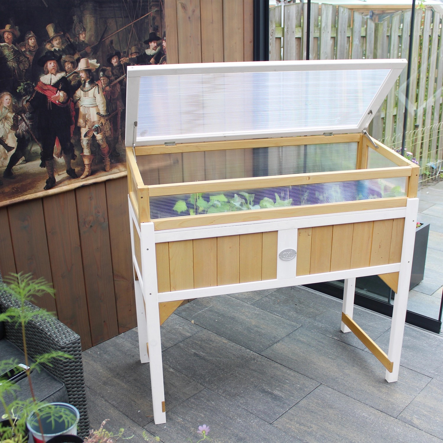 Axi Hochbeet mit Gewächshaus, braun-weiß, 120x54x120 cm. Holz-Hochbeet mit geöffnetem, transparentem Deckel.