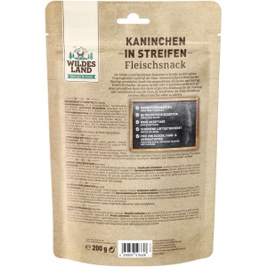 Wildes Land Hunde-Snack Kaninchenfleisch-Streifen, 200g Packung.